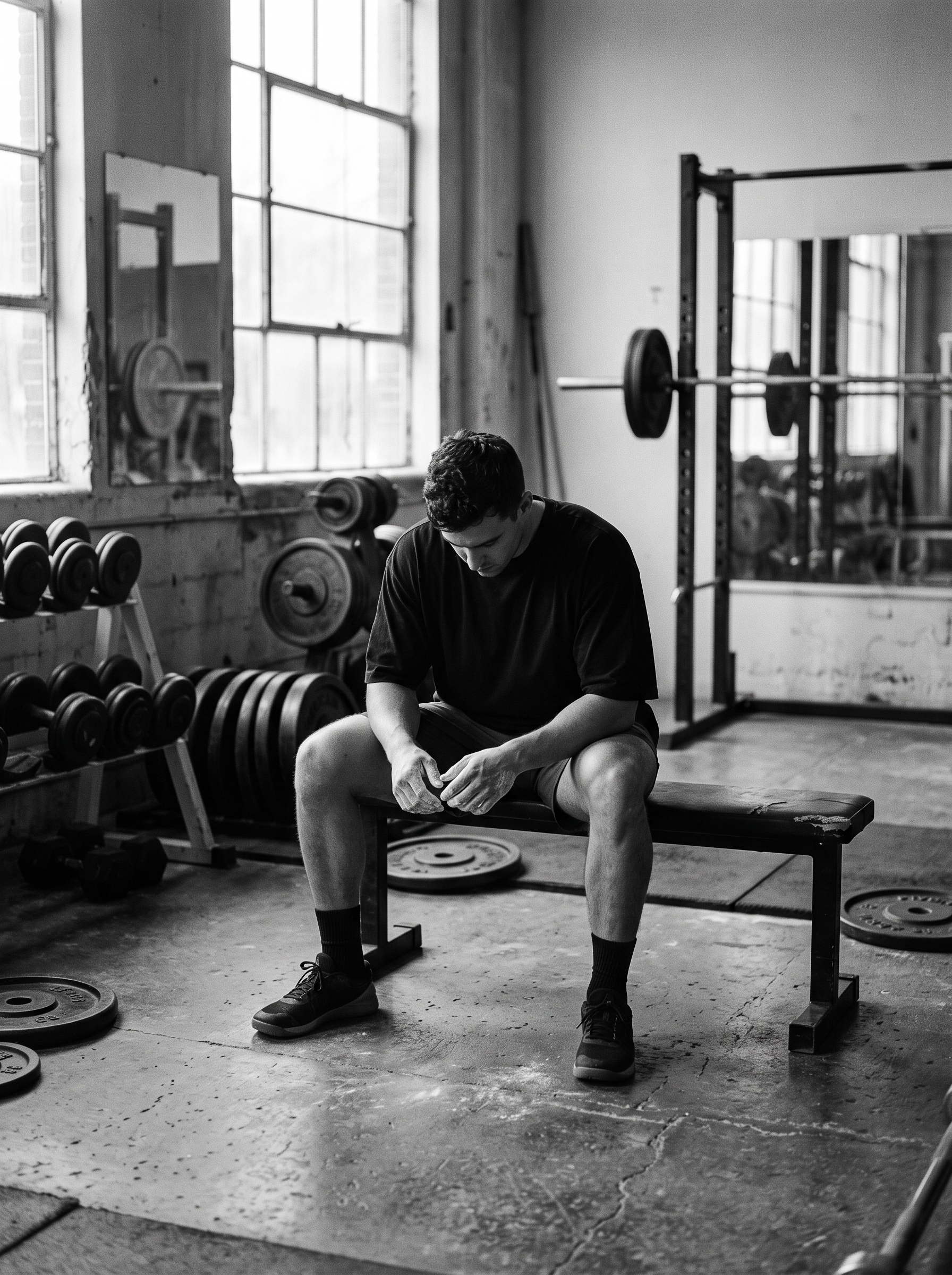 AETHON editorial: resting between sets in an empty morning gym