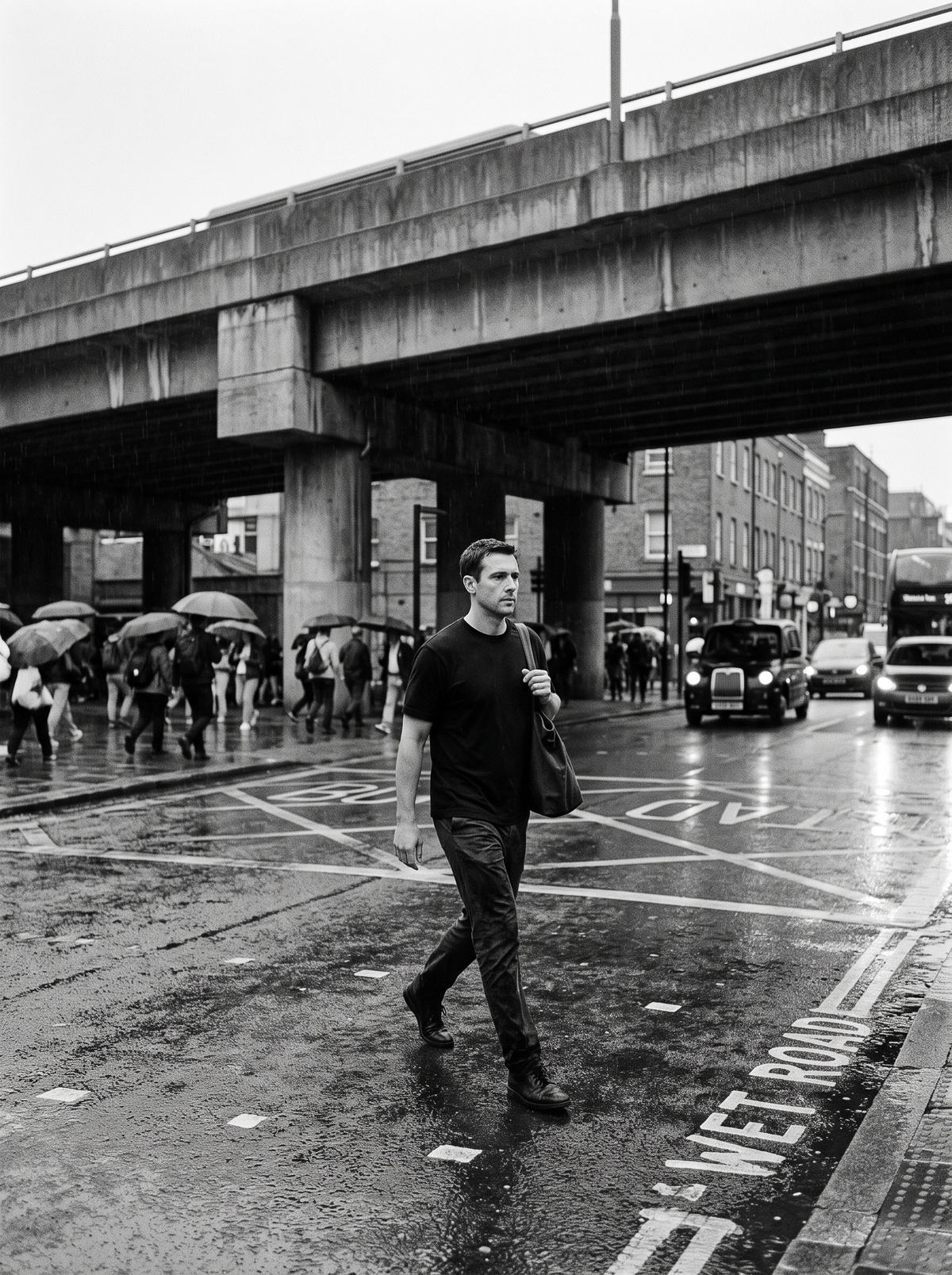 AETHON editorial: crossing a wet city street in light rain