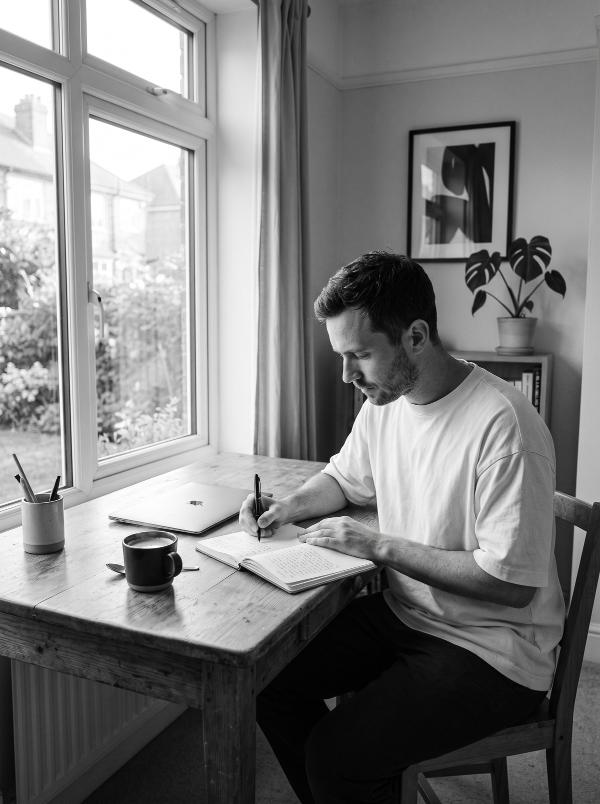 AETHON editorial: writing in a notebook at a sunlit desk