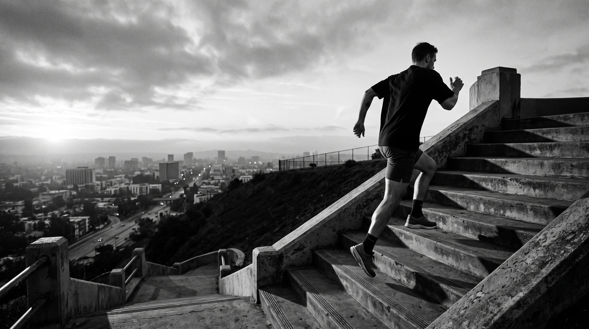 AETHON: running up a concrete staircase at dawn, city below