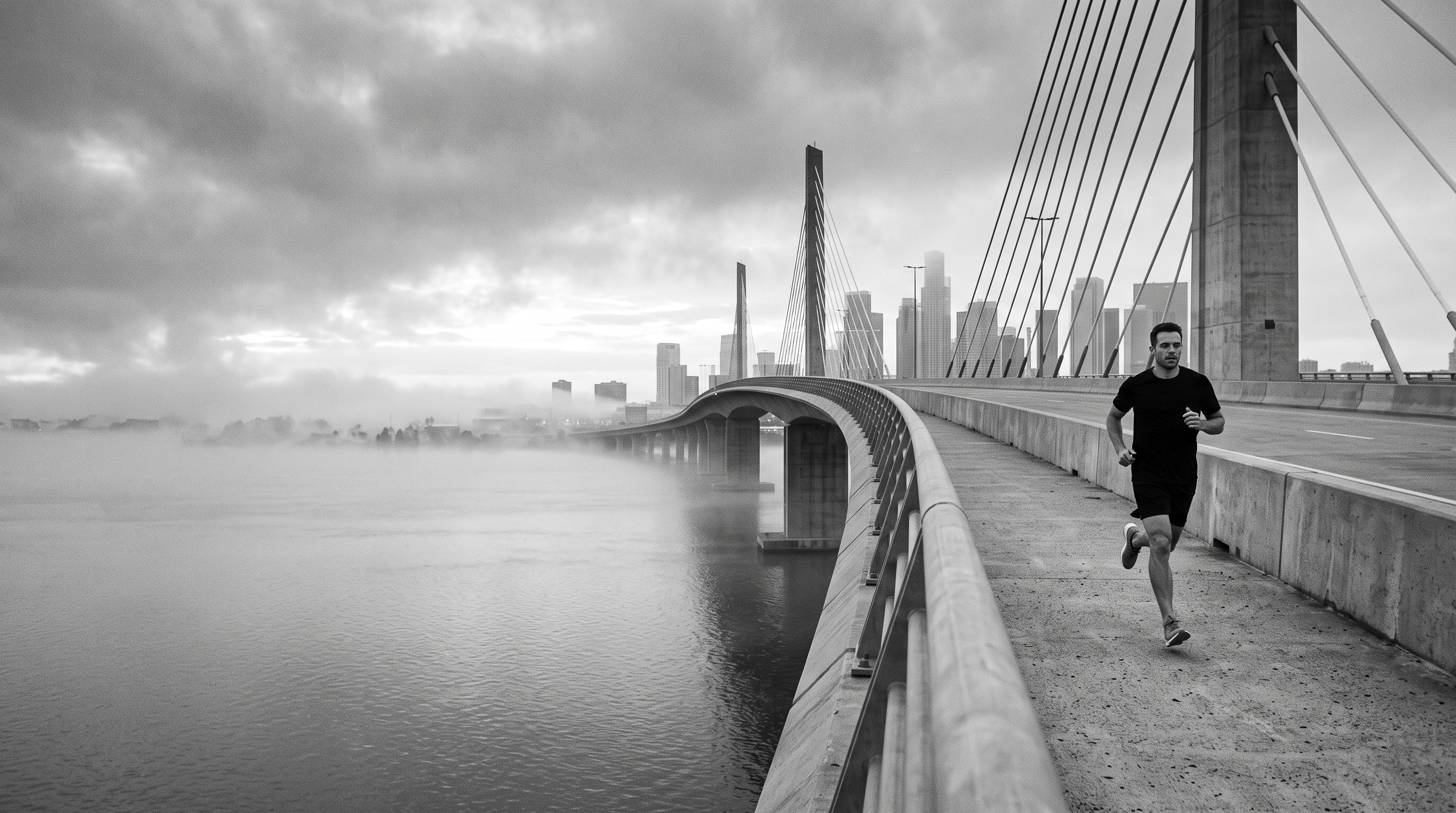 AETHON: running across a bridge at dawn, fog and city